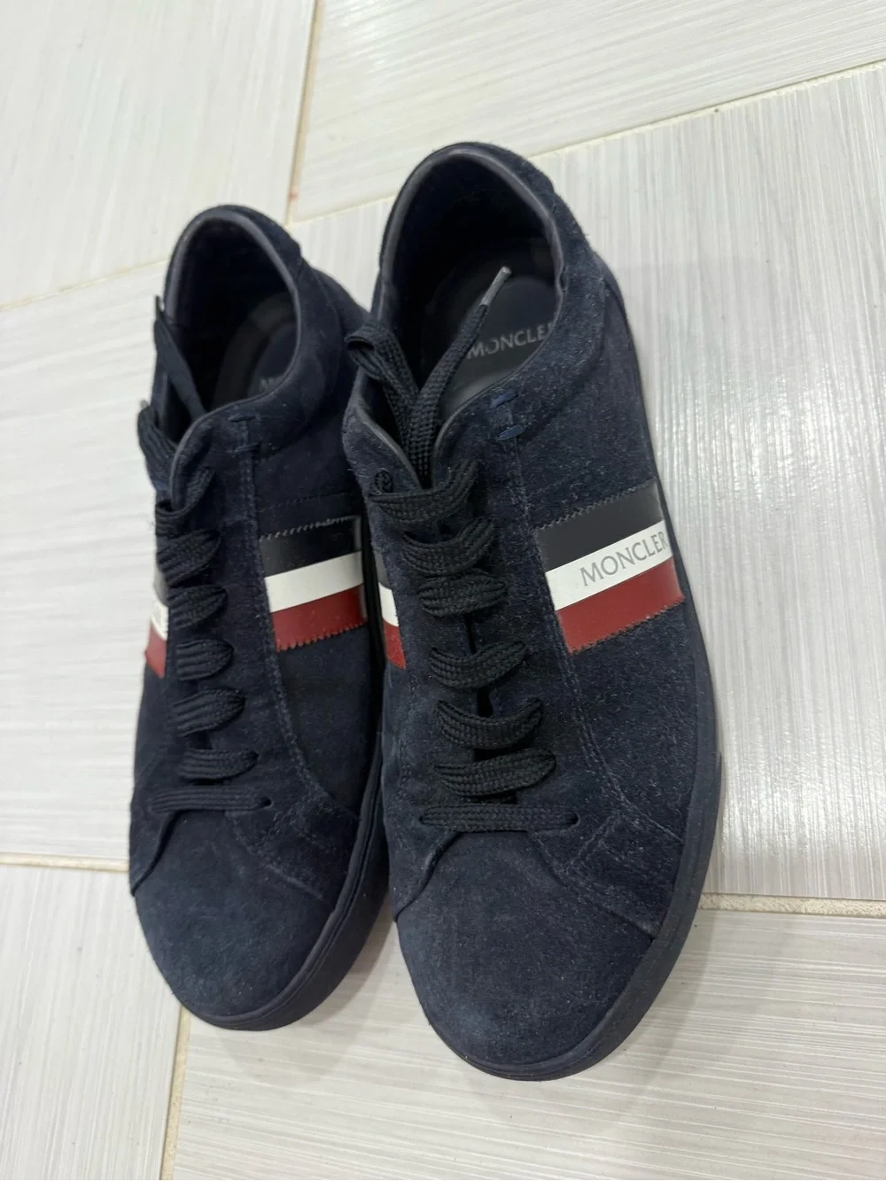 Moncler Navy Suede Sneakers with Tricolor Stripe